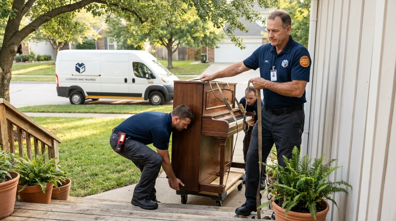 Licensed piano movers securing grand piano in Darlington, SC