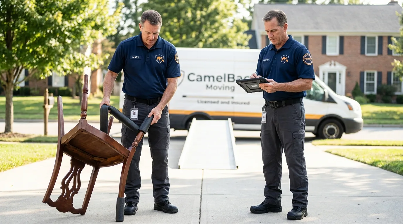 Movers inspecting furniture for damage prevention before loading in Darlington, SC