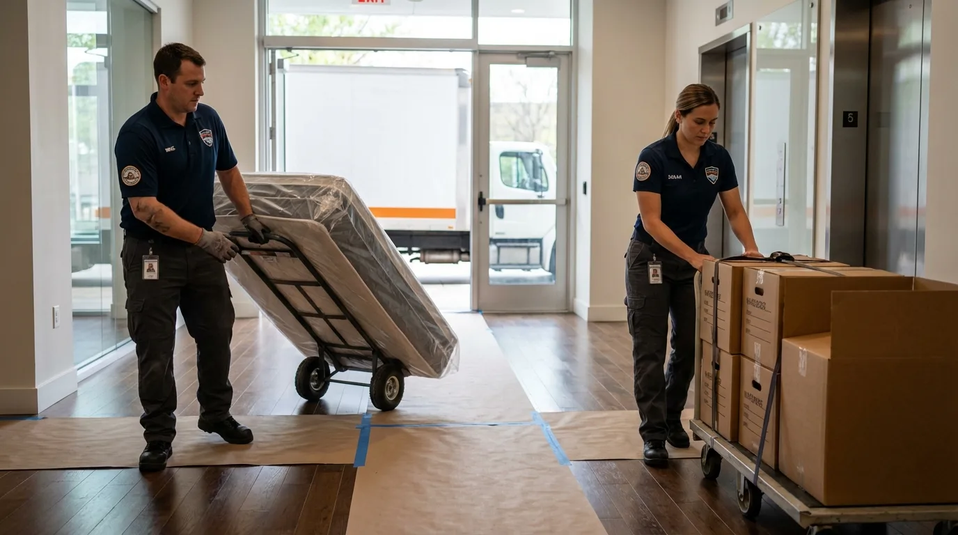 Professional apartment movers loading elevator in Darlington, SC