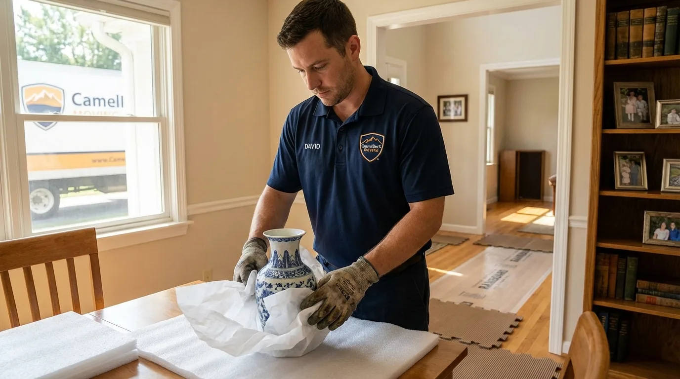 Professional crew carefully wrapping antique vase for senior downsizing move in Darlington, SC